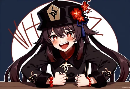 Wheeze, open mouth, tears, laughing, HuTao_DskFll, 1girl, solo, long hair, looking at viewer, blush, smile, open mouth, brown hair, shirt, red eyes, long sleeves, hat, hair between eyes, twintails, jewelry, upper body, flower, :d, nail polish, bracelet, symbol-shaped pupils,  black headwear, chinese clothes, ring, red shirt, black nails, beads, ghost, hat flower, bead bracelet, flower-shaped pupils, plum blossoms, hu tao (genshin impact), hand on table, english text, clenched hand BREAK PonyXLV6_Scores