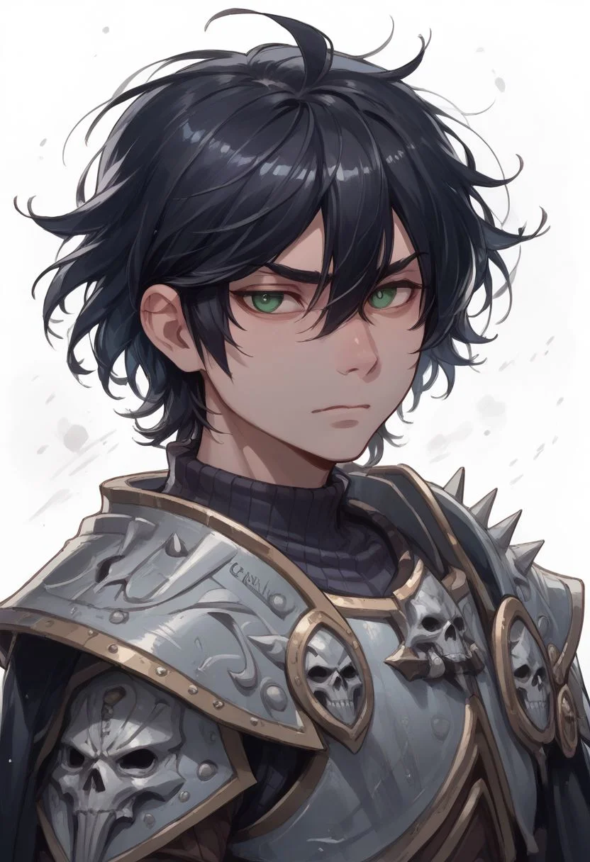 score_9, score_8_up, score_7_up, score_6_up, score_5_up,
BREAK Andrew Graves, green eyes, solo, 1boy, black hair, hair between eyes, wearing arth4s armor