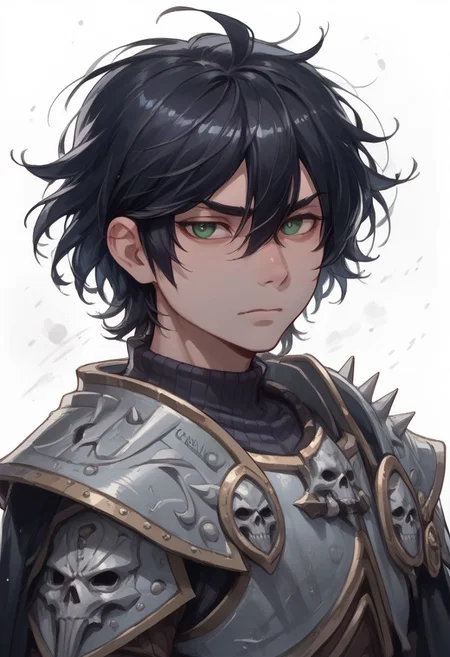 score_9, score_8_up, score_7_up, score_6_up, score_5_up,
BREAK Andrew Graves, green eyes, solo, 1boy, black hair, hair between eyes, wearing arth4s armor