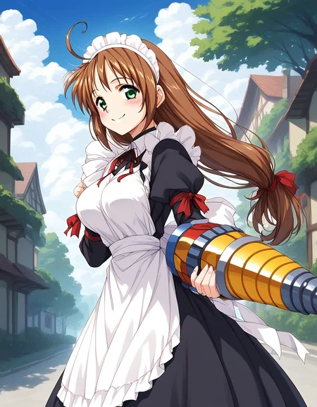 score_9, score_8_up, score_7_up, source_anime, rating_explicit, BREAK <lora:Spiral_Nami_Ver2.0_XL:1> Spiral_Nami_drill, no_drill, brown hair, green eyes, maid headdress, ahoge, low-tied long hair, maid, large breasts,
smile, apron, sky, cloud, day, outdoors, blush, looking at viewer, holding, ribbon, long sleeves, red ribbon, bow
outdoor, sky,