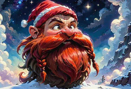 RTX, 8k, HDR, best quality, realism, film plot, (masterpiece), close-up, portrait, art by Greg Rutkowski, Frank Frazetta,
Harry the Gnome, detailed digital art, cheerful Harry the Gnome, wearing a red Santa hat, laughing, cartoon style, starry sky background, billowing clouds, Harry the Gnome, flowing long beard, braided mustache, celestial aura, mystical setting, celestial runes in the air, radiating glow, iridescent stones, gnome Harry with bracelets, magical fireworks in the air, surreal landscape with floating clouds, detailed and charming, magical spirit of Christmas, cold air flowing in the air, matte style, high detail, long flowing beard,