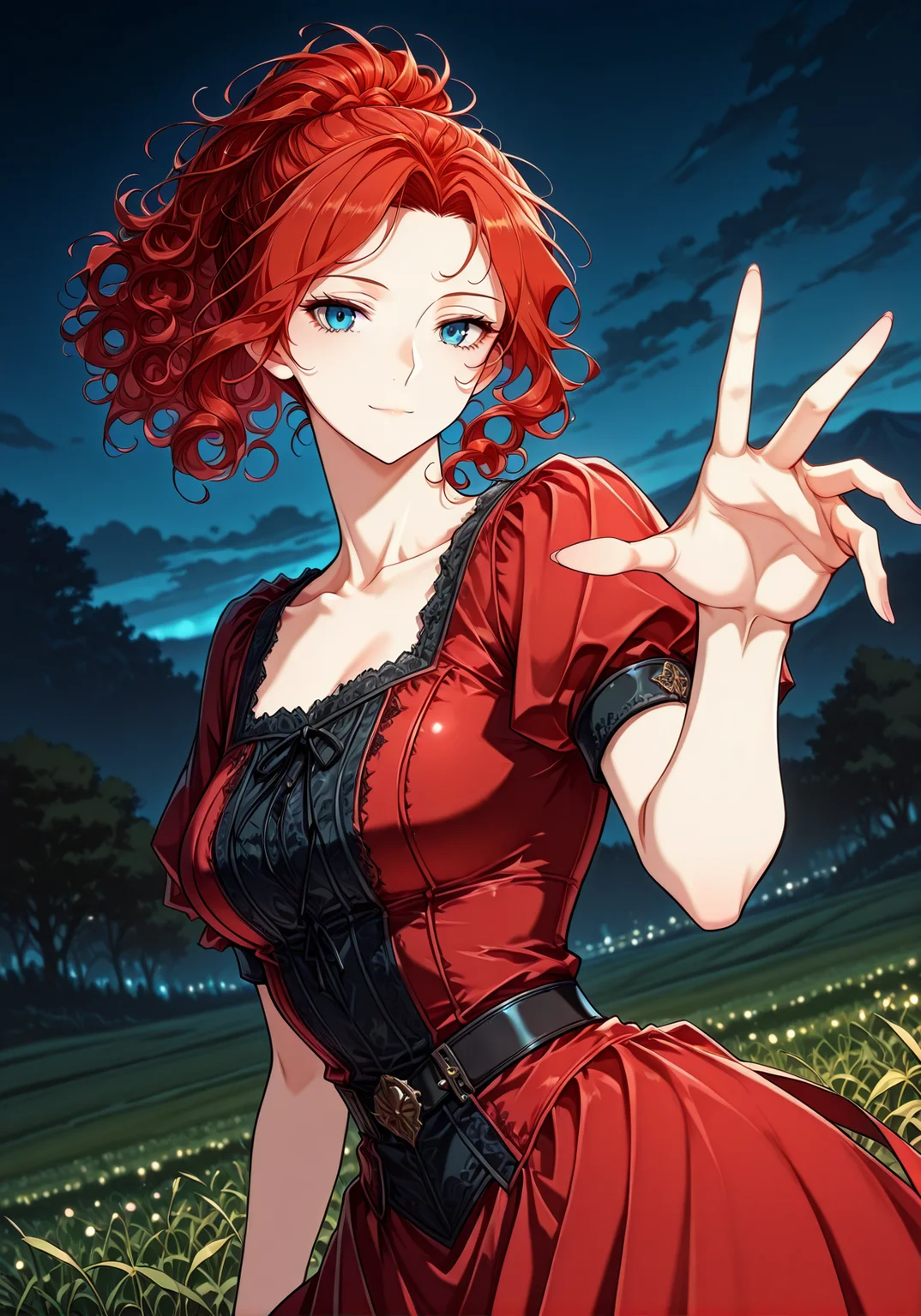 <lora:Alicia_Termina_Magentano__The_Greatest_Estate_Designer:1>
1 girl, solo, red hair, blue eyes, medium hair, curly hair,
red dress, short sleeves, puffy sleeves, puffy short sleeves, ponytail, collarbone
masterpiece, best quality,high quality, newest, highres,8K,HDR,absurdres, score_9, score_8_up, score_7_up, very aesthetic, source_anime, detailed, high quality, beautiful, masterpiece, detailed eyes, field, blurry background, pose dynamic angle, upper body, cowboy shot, light smile, looking back, looking at viewer, reaching out, floating hair, night <lora:iLLMythG0thicL1nes:1> , <lora:Eyes_High_Definition:1>
