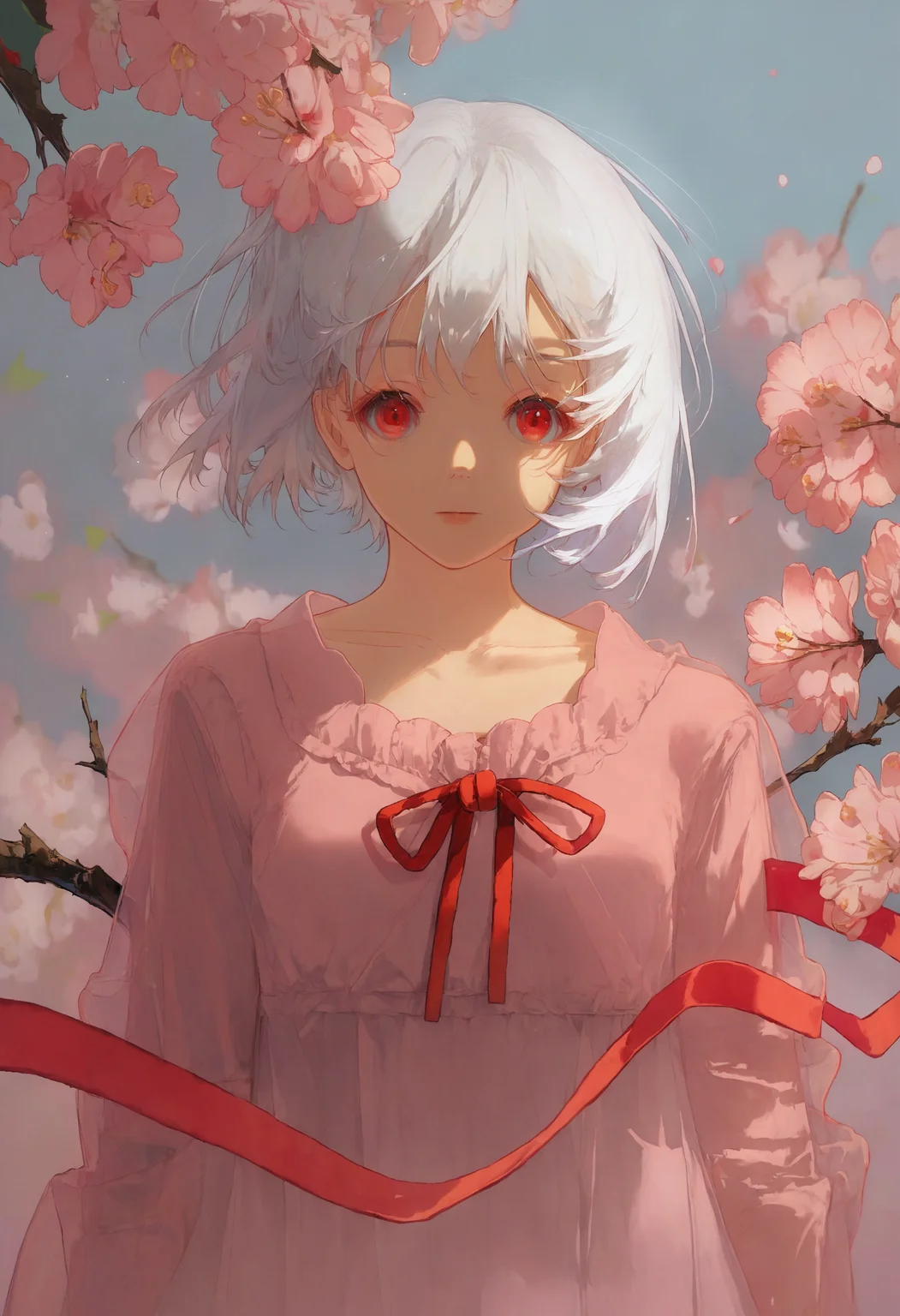 score_9, score_8_up, score_7_up, 1girl, solo, white hair, red eyes, cherry blossoms, looking at viewer, dress, flower, long sleeves, pink flower, upper body, red ribbon, ribbon, branch, bangs, collarbone, short hair
<lora:style_redum_pony_2:1>