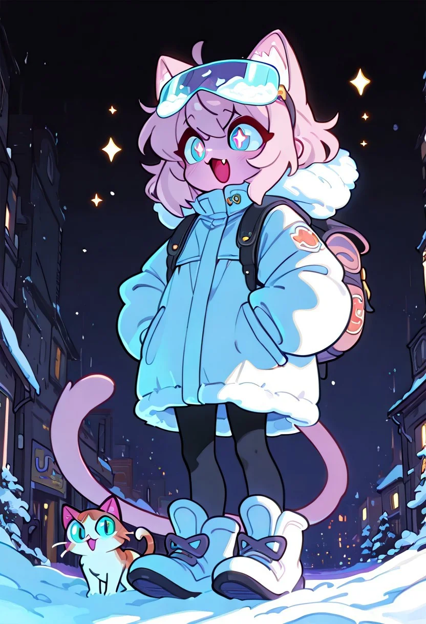 masterpiece, best quality, simple illustration, 1cat, , superdeformer, cute, snow suite, snow glasses, urban clothing, full body, solo, dark background, sparkles, vivid colors, vertical pupils,fang, tail , mcnm, in the style of cknc, cute_style01f1, hands on pockets