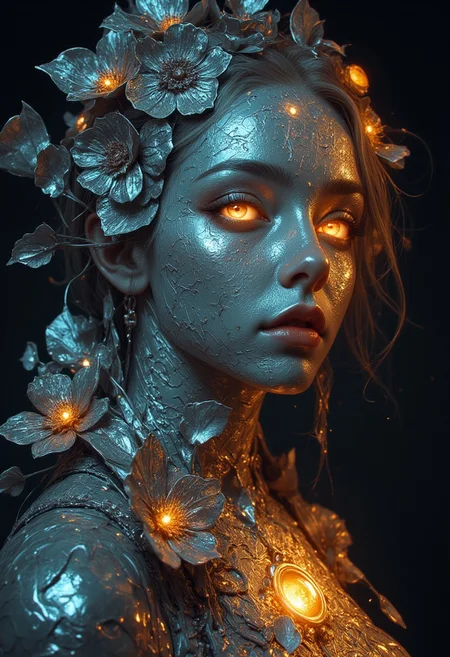 Silver statue of a woman, her skin composed of delicate, textured silver flakes, with chrome and glass flowers intricately woven into her hair, her eyes gleaming with a warm, bluish light, wearing a majestic, windy-blown ornate gown with tattered, silver petals, reminiscent of a dark, dystopian world, her face and shoulders illuminated by a soft, ambient glow, as if radiating an otherworldly energy, in the styles of Royo's dark, mystical realism, Artgerm's hyper-detailed, metallic sheen, and Lovecraft's eerie, atmospheric tension, with meticulous attention to intricate textures, dramatic shading, and a sense of haunting, ethereal beauty.