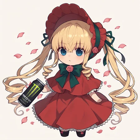 score_9, score_8_up, score_7_up, score_6_up, score_5_up, score_4_up, BREAK
chibi, sticker,
shinku, bonnet, bow, bowtie, capelet, crossed bangs, dress, drill hair, eyes visible through hair, floating hair, flower, green bow, green bowtie, hair between eyes, highres, long hair, petals, pink flower, pink rose, red capelet, red dress, red flower, red headwear, red rose, rose, rozen maiden, twin drills, blonde hair, very long hair, <lora:shinku:0.8>
monster energy, holding monster energy, <lora:monsterEenergy_pony:0.7>