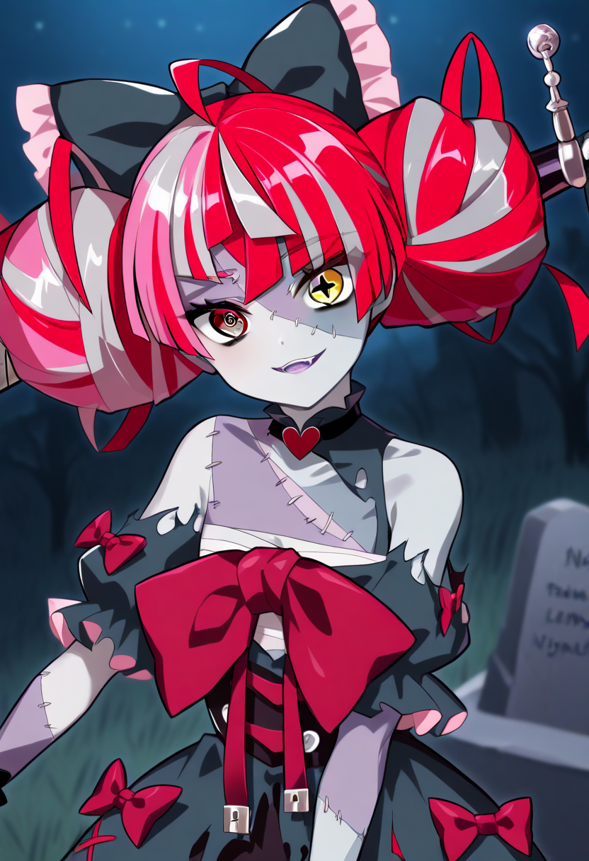Kureiji_Ollie, kureiji ollie,1girl, night, tomb, double bun, light smile,  torn dress, red bow, hair bow, zombie, patchwork skin, heterochromia, red eyes, yellow eyes <lora:Kureiji_Ollie:2>