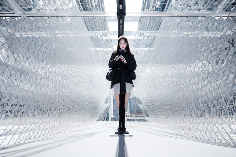 highly insanely detailed, masterpiece, top quality, best quality, highres, 4k, 8k, RAW photo, (very aesthetic, beautiful and aesthetic),  
(code_style,codestyle),(sympattern,geometric pattern), 
<lora:CodeStyle (half generic class)_564920:0>, 
(1girl:1.3), 1other, 
located in an urban scene at a scenic bus stop,(pure white background,transparent background:1.2),âââ