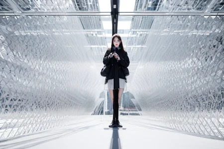 highly insanely detailed, masterpiece, top quality, best quality, highres, 4k, 8k, RAW photo, (very aesthetic, beautiful and aesthetic),  
(code_style,codestyle),(sympattern,geometric pattern), 
<lora:CodeStyle (half generic class)_564920:0>, 
(1girl:1.3), 1other, 
located in an urban scene at a scenic bus stop,(pure white background,transparent background:1.2),âââ