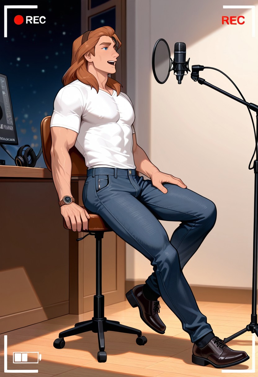 masterpiece,best quality,amazing quality,very aesthetic,absurdres,newest, huge filesize, Prince_Adam_BTB, 1man male focus, solo, auburn hair, blue eyes, lean and athletic, mature,  long hair, strong, long legs, tall, manly, masculine, classy, artistic, relaxed look, small smile,  dark recording studio,  blazer,  henley shirt, dark denim jeans, wristwatch, brogue shoes, singing into a recording microphone, 
 Microphone, pop filter, microphone stand, headphones, acoustic foam panels, soundproofing materials, music stand (optional), small monitor or talkback system, and sometimes a stool or chair.