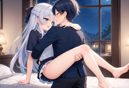 source_anime, ultra HD, best quality, BREAK 1girl, BREAK 1 boy, he princess carry his wife to bed ,most beautiful girl on village, white long hair girl,sidetail hair,black ribbon hairtie,wife hugging husband,husband stimulate his wife,girl half awake eye,1 night not enough she want another round,their first night ,emcourage her it only hurt a little ,she convicec then ready to do it 👉👌,💦💦👉👌💦💦🫶💑