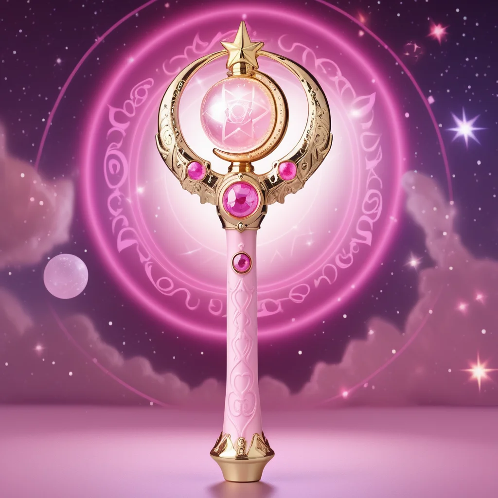 A photorealistic image of a child's toy, a grand sorcerer's staff, with a primary hue of pink. The staff is adorned with a large, intricately designed moon, within which a crystal ball is embedded, sparkling with an inner light. The background features a six-pointed star magic circle, glowing with an ethereal luminescence, casting a mystical ambiance. The staff's handle is ornate, with magical runes and symbols that seem to dance along its surface, and the entire scene is imbued with a sense of whimsy and enchantment, befitting a powerful wizard from a fantastical realm.<lora:girl_toy_style:0.55>,