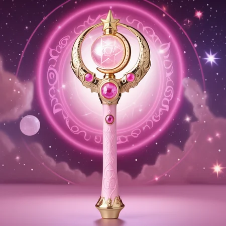 A photorealistic image of a child's toy, a grand sorcerer's staff, with a primary hue of pink. The staff is adorned with a large, intricately designed moon, within which a crystal ball is embedded, sparkling with an inner light. The background features a six-pointed star magic circle, glowing with an ethereal luminescence, casting a mystical ambiance. The staff's handle is ornate, with magical runes and symbols that seem to dance along its surface, and the entire scene is imbued with a sense of whimsy and enchantment, befitting a powerful wizard from a fantastical realm.<lora:girl_toy_style:0.55>,