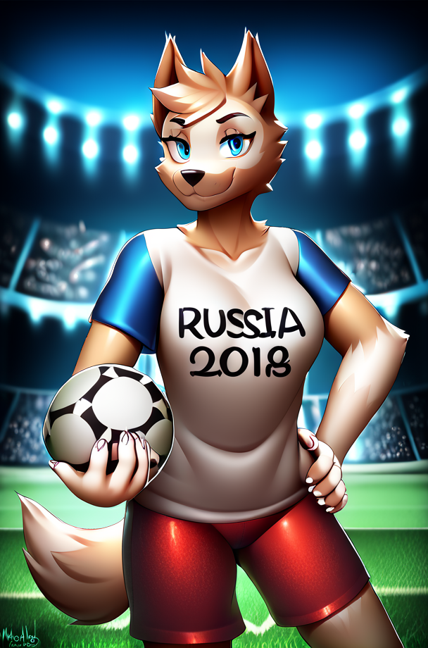 score_9, score_8_up, score_7_up, score_6_up, score_5_up, score_4_up, source furry, HD, masterpiece, best quality, solo, detailed, 5 fingers, detailed blue eyes, detailed black pupils,  detailed background, defined body, nsfw, standing in soccer field, soccer field background, interacting with background, detailed body, looking at viewer, detailed fur, holding soccer ball, T-shirt, shorts, hand on hip, smirk, 
<lora:add_detail:1>  <lora:BG2_dpep4+silicon29dim64:1>  <lora:PDXL_artist_tags_v2_big:1> by marblesoda <lora:ZabivakaPonyXL:1> zabivakaponyxlfemale, blue eyes, body fur, dog tail, dog ears,
