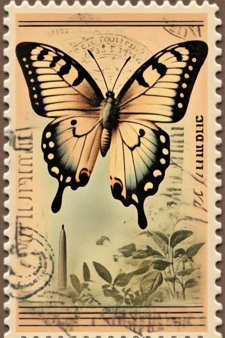 <lora:Vintage Postage Stamps:1>Vintage Postage Stamps - vintage style ephemera postage stamp with neutral-colored muted butterfly