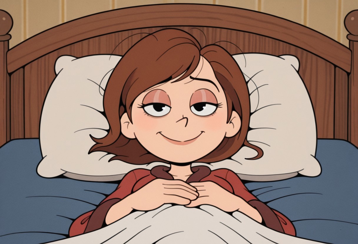 RetroXL, toon \(style\), flat color, 1girl, helen parr, bathrobe, messy hair,looking at viewer, half closed eyes, tired eyes, smile, close-up, hands on stomach, hands focus, lying on back, on bed, pillow, from below, (masterpiece,best quality,newest,absurdres,highres)  <lora:HelenParr_NAI:1>