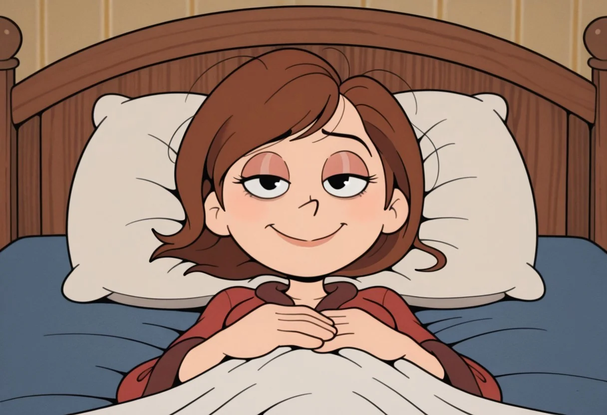RetroXL, toon \(style\), flat color, 1girl, helen parr, bathrobe, messy hair,looking at viewer, half closed eyes, tired eyes, smile, close-up, hands on stomach, hands focus, lying on back, on bed, pillow, from below, (masterpiece,best quality,newest,absurdres,highres)  <lora:HelenParr_NAI:1>