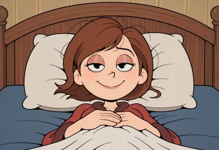 RetroXL, toon \(style\), flat color, 1girl, helen parr, bathrobe, messy hair,looking at viewer, half closed eyes, tired eyes, smile, close-up, hands on stomach, hands focus, lying on back, on bed, pillow, from below, (masterpiece,best quality,newest,absurdres,highres)  <lora:HelenParr_NAI:1>