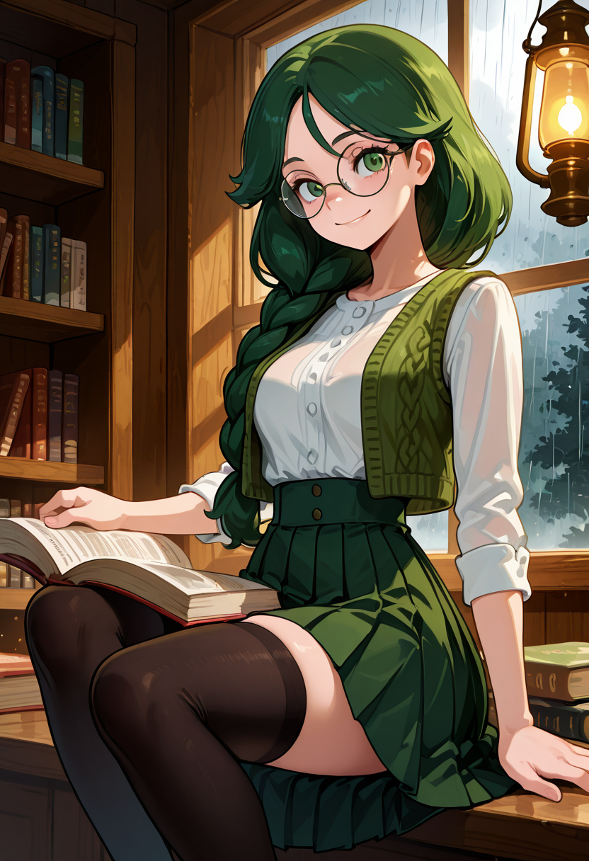 masterpiece, best quality, 1girl, solo, eyelashes, (beautiful eyes), narrow waist, smile, sitting,   [Soft Academia Reading Nook], zzCheryl, green eyes, single braid, hair over shoulder, knit vest, pleated skirt, button-up shirt, knee-high socks, round glasses, stack of books, warm lamp, rain tapping the window â zzCheryl curls up in a reading nook with one leg tucked beneath her, a book open across her lap. Her green eyes glow softly under the amber lamp, and her braid hangs forward, brushing the page. Outside, rain trickles down the glass, but inside itâs all quiet thought and paper-bound wonder.  ,<lora:CherylPokemon_IXL_v2:0.8>,   <lora:CoutureCraze_IXL:0.7>,