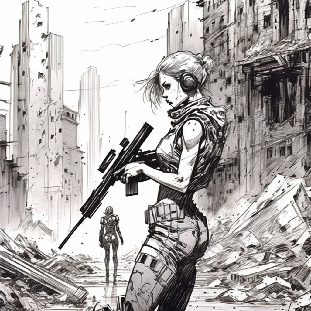 drawix6 young cyborg girl warrior with a rifle on the battlefield in the background of a destroyed city and powerful robots, black ink <lora:drawix6:1>
