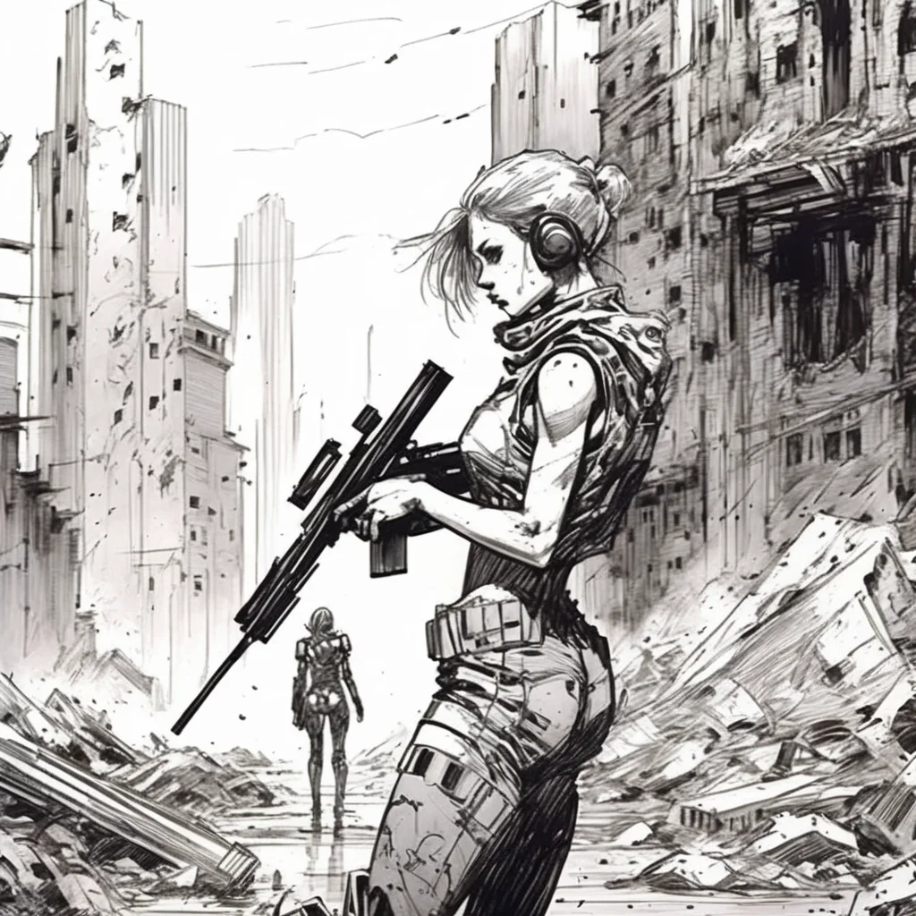 drawix6 young cyborg girl warrior with a rifle on the battlefield in the background of a destroyed city and powerful robots, black ink <lora:drawix6:1>