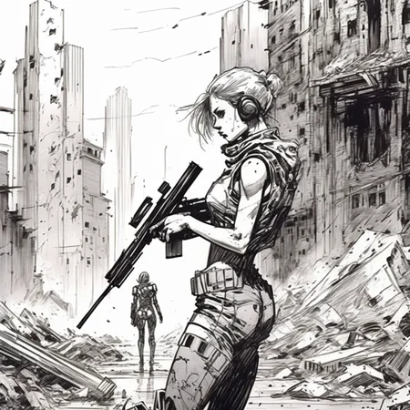 drawix6 young cyborg girl warrior with a rifle on the battlefield in the background of a destroyed city and powerful robots, black ink <lora:drawix6:1>
