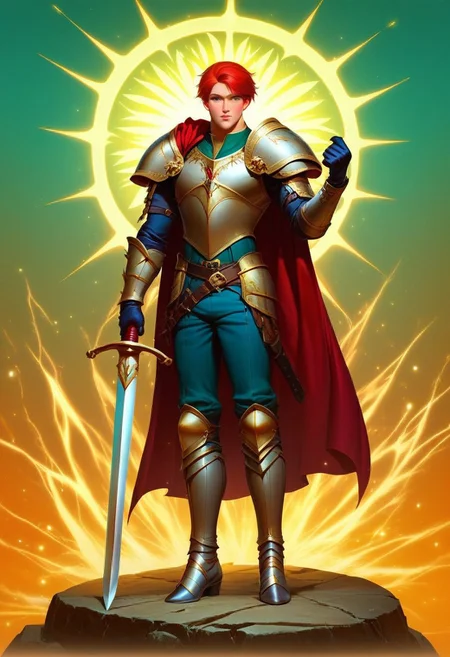score_9, score_8_up, score_7_up, full body portrait,
BREAK. handsome man, he is dressed in a suit of dark iron platemail.
Break.
he is holding up a white coloured sword. Properly holding the sword by the hilt.
, short red hair, masculin, medium build body,
his armour bears a crest of a green dove.
fantasy armour. stylized silver dove emblems and symbols on armour and sheild.
Break.
epic background is a a beautiful palace. a strong wind is blowing his cape.