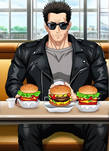 <lora:terminator2_t800:1>terminator2_t800,2ts hair,black leather jacket,black sunglasses,gray shirt,looking at viewer,detailed,4k,black leather pants,male,man,adult,anime style,mature man,anime screencap, sitting, restaurant background, holding burger, eating burger, food <lora:Anime_Screencap:1>
