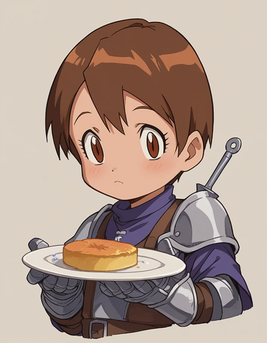 zPDXL, score_9, score_8_up, score_7_up, source_anime,
<lora:Digimon_v2-15:0.8> digimon, 1girl, solo, hikari, brown hair, brown eyes, short hair, giggling, indian style, (medieval soldier) knight, wearing Barbute helm with cheek guards, plate cuirass with etched design, segmented plate pauldrons, leather couters, plate greaves, steel sabatons, holding Claymore with engraved crossguard,