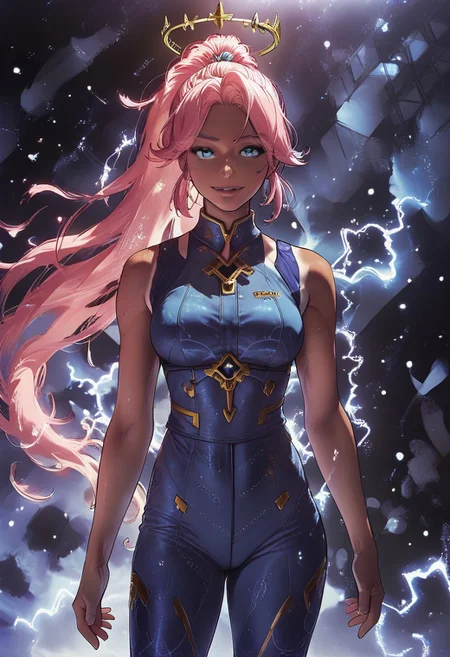 score_8_up, score_7_up, score_6_up, score_5_up, ((adult, cinematic: 1.2, dark theme, full body shot), dramatic lighting, infinity, universe, halo, 1girl, tanlines, straight bang, ponytail, cotton vest, blue shirt with twitter icon, (muryokusho, blue electricity, halo, unimaginable power, universal background, slight smile: 0.7), light pink blue green, (masterpiece))