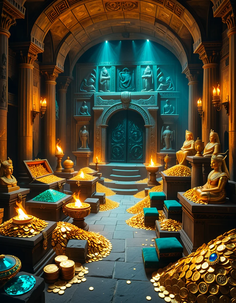 A hidden treasure chamber deep within an ancient temple, illuminated by the warm golden glow of torches and mystical blue light from enchanted crystals. The room is filled with piles of gold coins, jewel-encrusted goblets, and ancient artifacts covered in dust. Massive stone statues of forgotten deities guard the chamber, their eyes glowing faintly as if watching intruders. In the center, a grand pedestal holds a legendary artifact—an ornate golden crown encrusted with emeralds and sapphires, shimmering with an otherworldly aura. The walls are adorned with intricate carvings depicting lost civilizations, and creeping vines hint at centuries of abandonment. The atmosphere is mystical and slightly eerie, with a sense of both wonder and danger. The air is thick with the scent of aged parchment and burning incense, adding to the chamber’s ancient and mysterious feel. Cinematic lighting with dramatic shadows enhances the depth and richness of the scene, creating a visually stunning and immersive environment.
<lora:SDXLFaeTastic2400:0.4> <lora:extremely_detailed:0.4> extremely detailed, <lora:treasure_ch4mb3r:1>,treasure ch4mb3r, Masterpiece,best quality,hi res,8k,hi res,8k,award winning,(sharp focus, intricate, highly detailed),