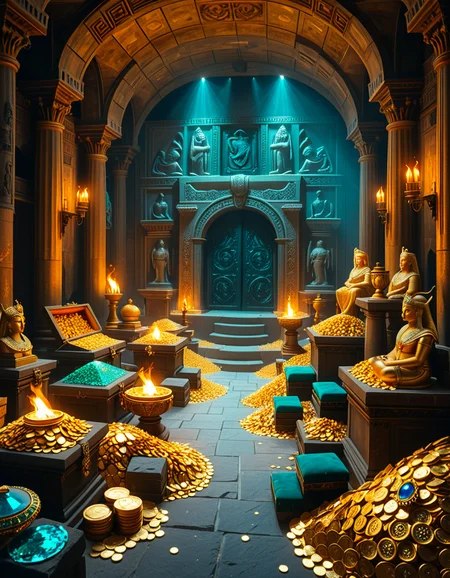 A hidden treasure chamber deep within an ancient temple, illuminated by the warm golden glow of torches and mystical blue light from enchanted crystals. The room is filled with piles of gold coins, jewel-encrusted goblets, and ancient artifacts covered in dust. Massive stone statues of forgotten deities guard the chamber, their eyes glowing faintly as if watching intruders. In the center, a grand pedestal holds a legendary artifact—an ornate golden crown encrusted with emeralds and sapphires, shimmering with an otherworldly aura. The walls are adorned with intricate carvings depicting lost civilizations, and creeping vines hint at centuries of abandonment. The atmosphere is mystical and slightly eerie, with a sense of both wonder and danger. The air is thick with the scent of aged parchment and burning incense, adding to the chamber’s ancient and mysterious feel. Cinematic lighting with dramatic shadows enhances the depth and richness of the scene, creating a visually stunning and immersive environment.
<lora:SDXLFaeTastic2400:0.4> <lora:extremely_detailed:0.4> extremely detailed, <lora:treasure_ch4mb3r:1>,treasure ch4mb3r, Masterpiece,best quality,hi res,8k,hi res,8k,award winning,(sharp focus, intricate, highly detailed),