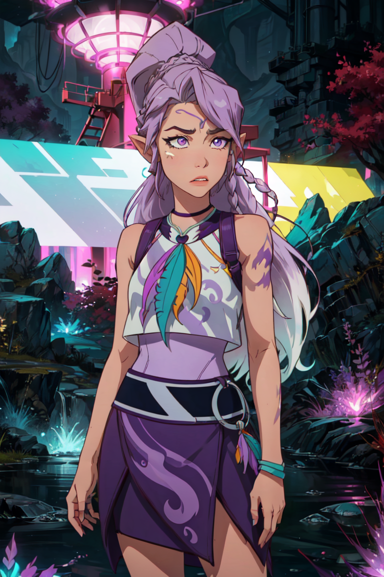 (AiraWindwhistler:1.5), (purple hair, purple eyes, tattoos), purple to white ombre hair, (realistic:1.2), (masterpiece:1.2), (full-body-shot:1),(Cowboy-shot:1.2), neon lighting, dark romantic lighting, (highly detailed:1.2),(detailed face:1.2), (gradients), colorful, detailed eyes, (detailed landscape:1.2), (natural lighting:1.2), close shot, solo, 1girl,  <lora:LEGOElvesAira-10:0.8> <lora:add_detail:0.3> <lora:BeautifulEyes:0.6>