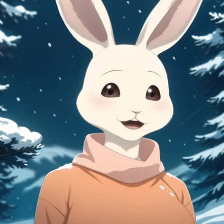 score_9, score_8_up, score_7_up, Expressiveh, masterpiece, best quality, highly detailed, realistic,  1girl, solo, (HaruS3, furry, anthro, lagomorph, female rabbit, pink inner ear, black eyebrows, thin eyebrows, brown sclera, black eyes, glistening eyes, white body, white fur, clothed, orange shirt, orange topwear, blue pants, three-quarter portrait), front view, hands behind back, looking at viewer, blushing, smile, open mouth, teeth tongue, (snow, blue sky, snowing, detailed background), low-angle view, (ultra realistic, 32k, masterpiece:1.2), (high detailed skin:1.1), (high quality:1.1), bokeh, luminescent background