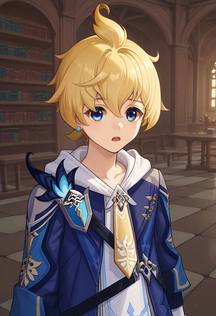 score_9, score_7_up, source_anime
mika, 1boy, male focus, solo, blue eyes, blonde hair, short hair, bangs, hair between eyes, ahoge, short ponytail, jewelry, earrings, hoodie, white hoodie, hood, necktie, yellow necktie, jacket, blue jacket,
indoor, library, maps, open mouth, o,