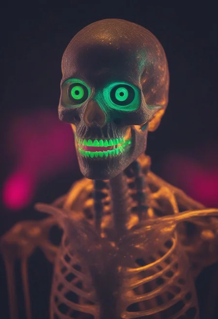 (spooky scary skeleton with googly eyes), eating candy, sharp  teeth, Close up, blurry background.
(spooky scary skeleton)
zavy-flrscnc, fluorescent, fluorescent spraypaint,