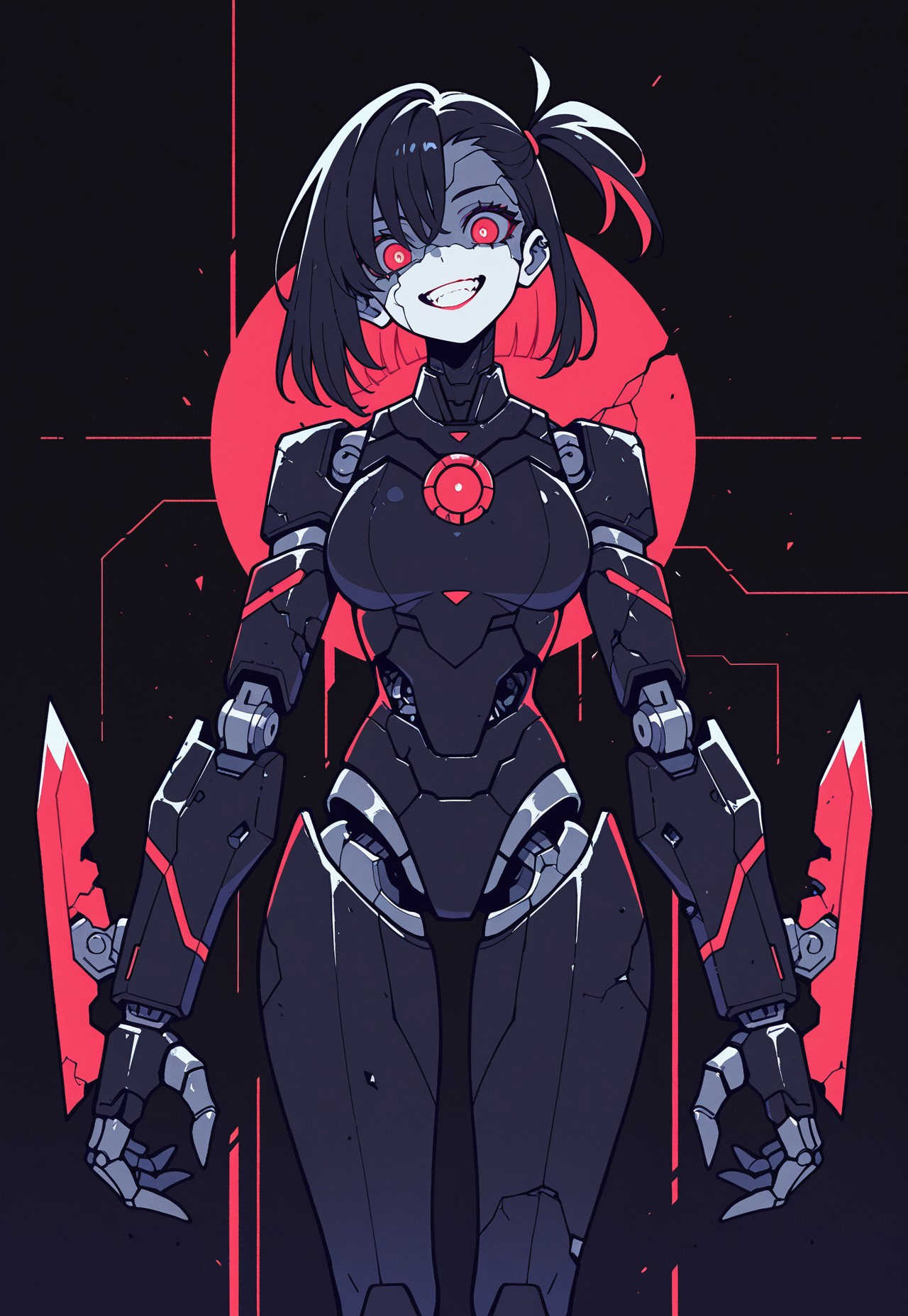 masterpiece, best quality, amazing quality, high resolution, aesthetic, 1girl, robot woman, black body with red details,  red eyes, asymmetric hair, headtilt, broken robot, crazy, dark background,  DRKWB, blade arms, open mouth, grin, Flatline, Flat vector illustration