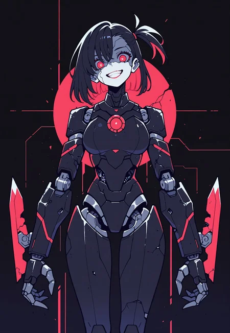 masterpiece, best quality, amazing quality, high resolution, aesthetic, 1girl, robot woman, black body with red details, red eyes, asymmetric hair, headtilt, broken robot, crazy, dark background, DRKWB, blade arms, open mouth, grin, Flatline, Flat vector illustration