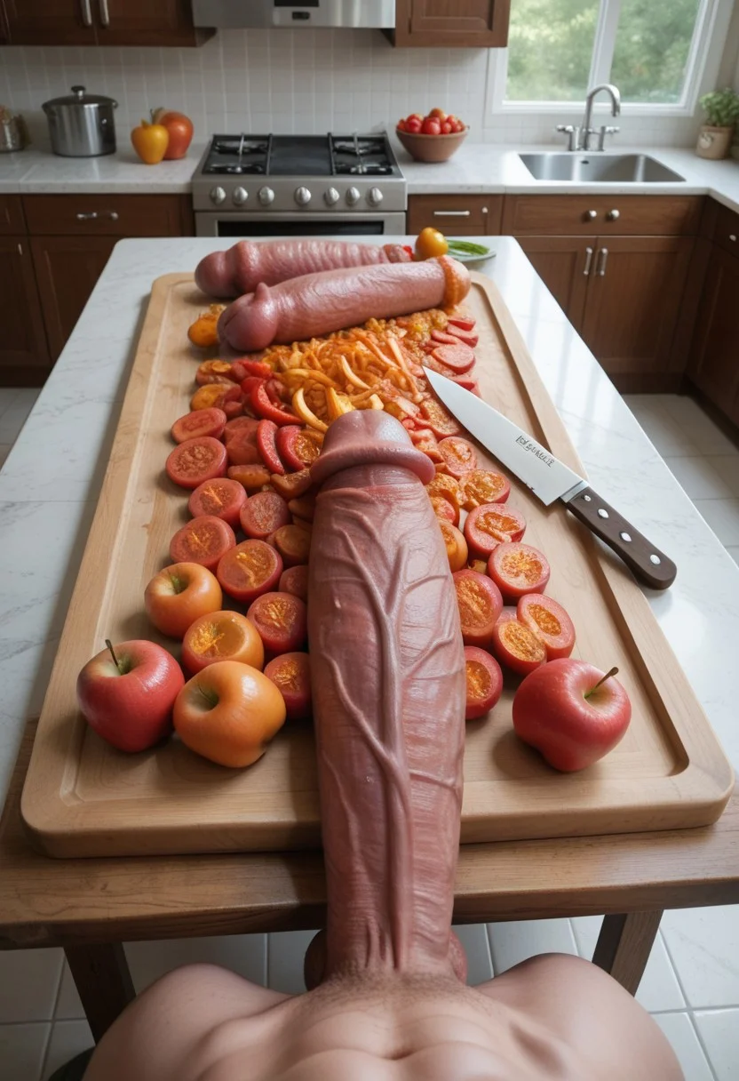 top down view, from above, POV of penis++ on table, cock on block+++, massive fat long veiny penis on cutting board, knife, huge long veiny erection, penis lying on cutting board , with huge knife in frame ,background, indoors ,cutting board ,knife, kitchen, apples, orange, peppers, meat balls, bathroom score_9 score_8_up score_7_up action scene movie stil , food cooking show, massive fat long veiny penis on cutting , many cock on board