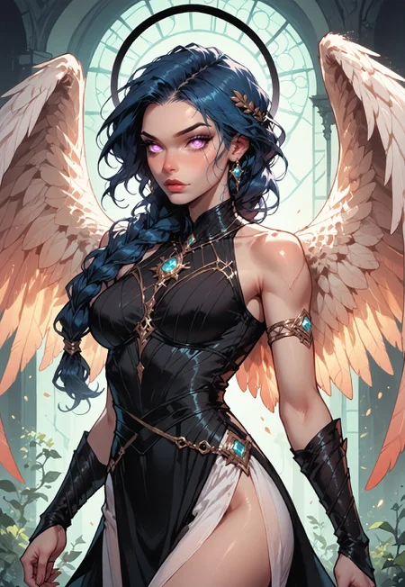 (score_9, score_8_up, score_7_up), ((zPDXL3)), ((zPDXLxxx)), ((face focus, eye focus, dynamic angle, motion)), 1girl, fantasy, Tarot Card Style, pin-up art, ((TRLCLAS, single braid, lips, large breasts, sleeveless)), ((aasimar_fallen, aasimar_scourge, glowing eyes, glowing tears, wings, feathered wings, huge wings, black halo, pin up art of a woman with large massive wings, very-pale skin, purple eyes, very-long black hair, braided hair, very-long braid, single long braid)), ((goth girl)), ((black halo)), (sexy clothes, black leather dress, pelvic curtain, black lace, cape), ((hourglass figure)), breathless intimacy, petite model bombshell, heart, young, delicate features, narrow pointy nose, tiny nose, lust, big eyes, seductive eyes, detailed skin, flared lashes, mascara, makeup, perky large breasts, athletic body, narrow waist, wide hips,
warm light, detailed, neon dark party, ((sexy pose)), dynamic pose,
BREAK
milky way, runes, arcane, astral, surreal, ethereal glow, masterpiece, best quality, intricate design. colorful, moonlit nightsky, stained glass aesthetic, moody whimsical color palette, murano glass, bold soldering lines, volumetric light shining through, crepuscular rays, intricate craftsmanship, detailed texture, luminous transparency, reflective light play, vivid hues, atmospheric depth, enchanting silhouette, art nouveau,
