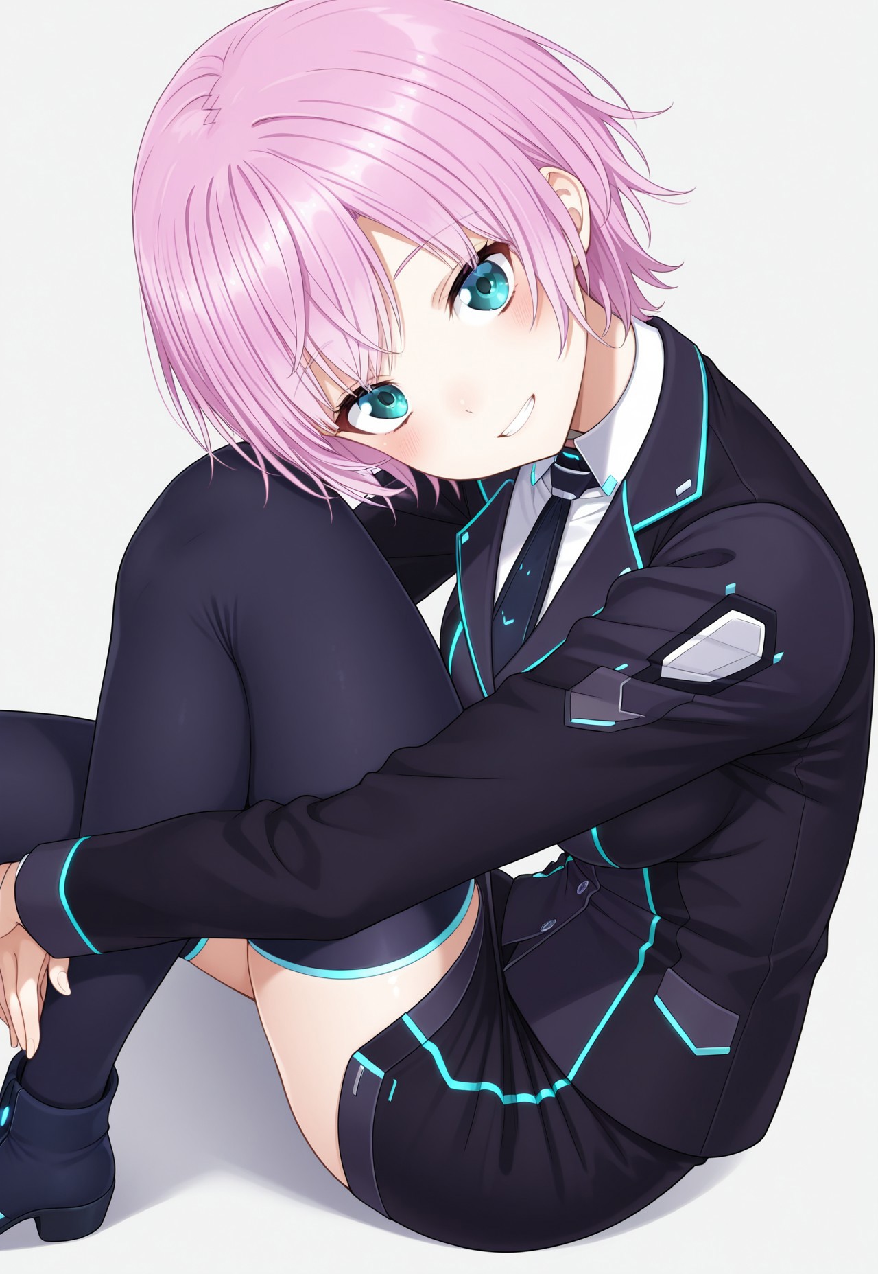 masterpiece, best quality, amazing quality, simple background, white background, 

nijiriri, small breasts, blue eyes, green eyes, pink hair, short hair, nijiriricos, white shirt, black necktie, black jacket, black skirt, miniskirt pencil skirt, black thighhigh, 

1girl, from side, from above, sitting, knee up, head tilt, looking at viewer, smile, clenched teeth, leaning forward, hugging own legs, (hands together:0.8), ass peek
