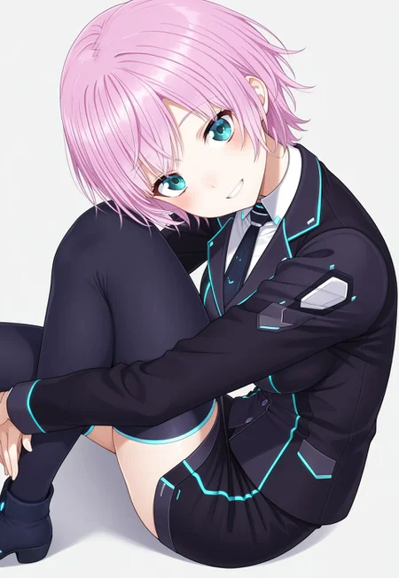 masterpiece, best quality, amazing quality, simple background, white background,
nijiriri, small breasts, blue eyes, green eyes, pink hair, short hair, nijiriricos, white shirt, black necktie, black jacket, black skirt, miniskirt pencil skirt, black thighhigh,
1girl, from side, from above, sitting, knee up, head tilt, looking at viewer, smile, clenched teeth, leaning forward, hugging own legs, (hands together:0.8), ass peek