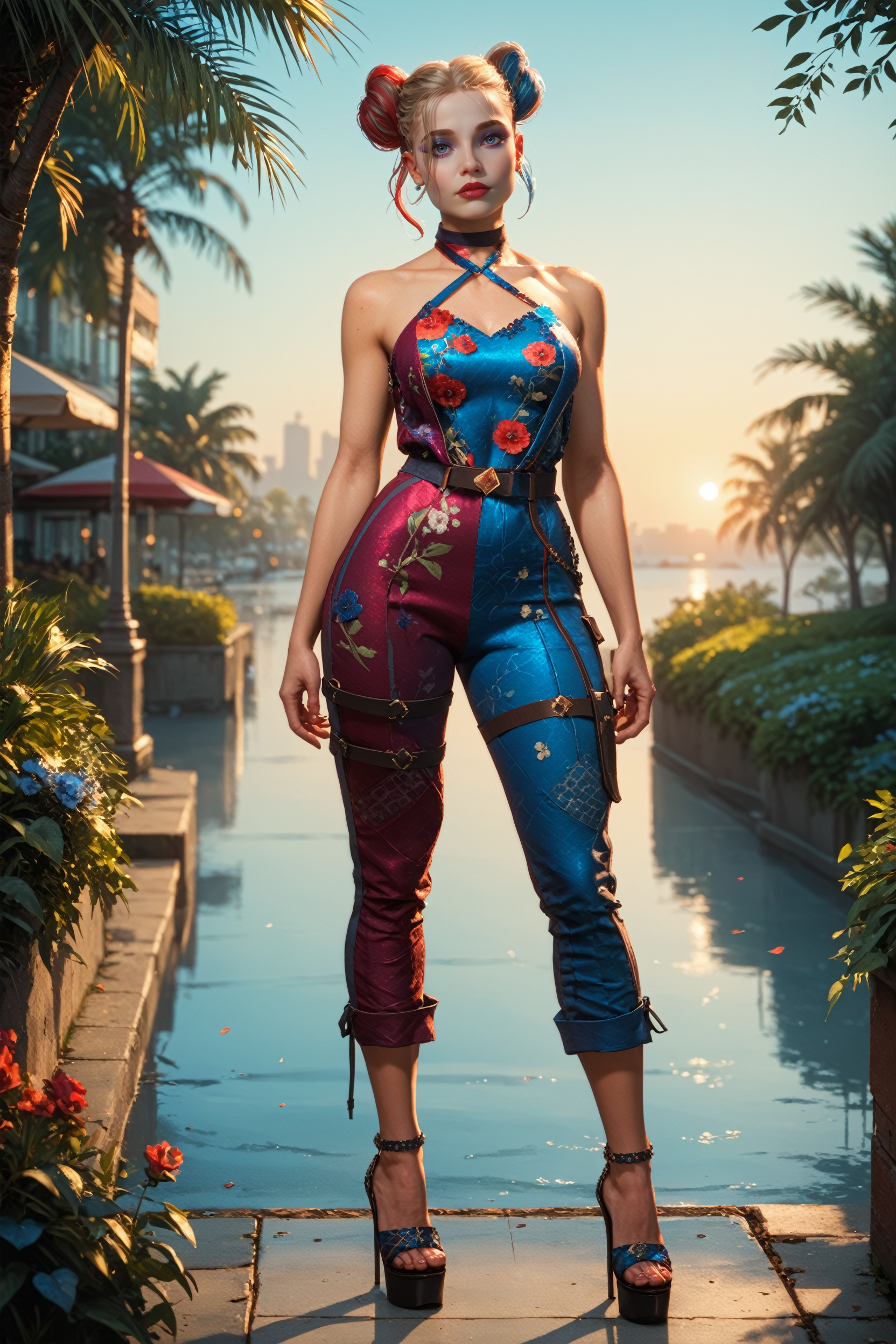 score_9, score_8_up, score_7_up, score_6_up
<lora:SQHarleyQ:0.8>
SQHarleyQ, 1girl, blue eyes, multicolored hair, twin buns, make up, looking at viewer, halter-neck jumpsuit, bold floral print, paired with wedge heels, Cosmopolitan city park at sunrise, dynamic soft morning light, detailed foliage