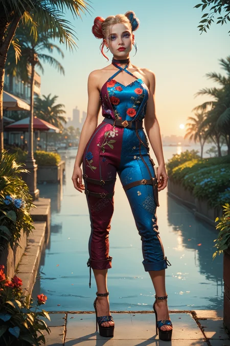 score_9, score_8_up, score_7_up, score_6_up
<lora:SQHarleyQ:0.8>
SQHarleyQ, 1girl, blue eyes, multicolored hair, twin buns, make up, looking at viewer, halter-neck jumpsuit, bold floral print, paired with wedge heels, Cosmopolitan city park at sunrise, dynamic soft morning light, detailed foliage