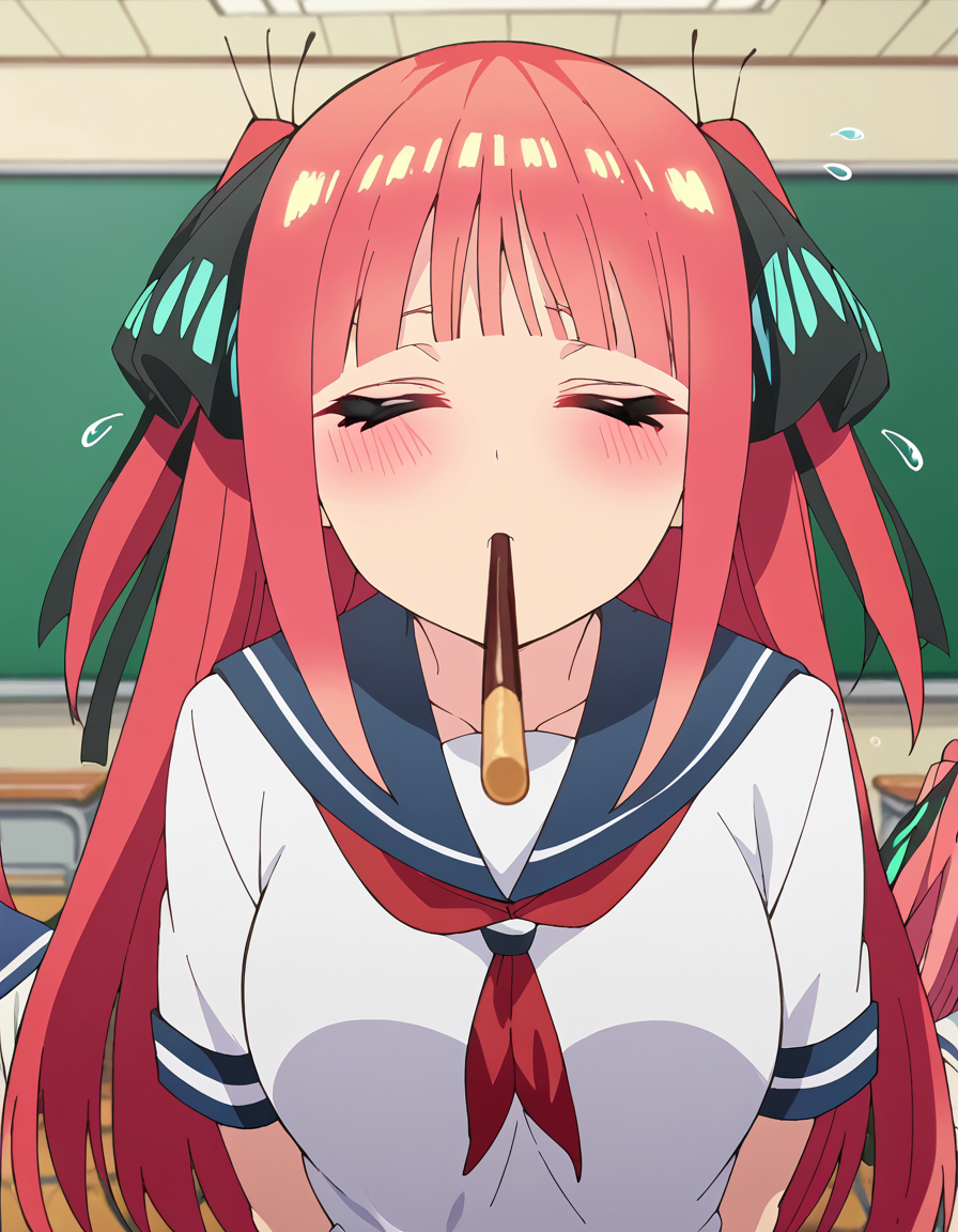score_9, score_8_up, score_7_up, source_anime, <lora:nnakano-s2-ponyxl-lora-nochekaiser:1>, long hair, bangs, hair ornament, hair ribbon, pink hair, blunt bangs, two side up, butterfly hair ornament, large breasts, anime screencap, <lora:incoming-pocky-kiss-ponyxl-lora-nochekaiser:1>, incoming pocky kiss, looking at viewer, blush, food, mouth hold, flying sweatdrops, pocky, closed eyes, foreshortening, classroom, serafuku, school uniform, white shirt, blue sailor collar, blue skirt, pleated skirt, short sleeves, neckerchief, red neckerchief,