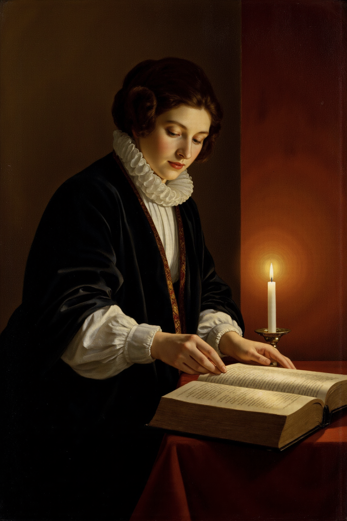 yfg-p@int, Old world master painting of a solitary woman reading a book by candlelight, captured with an Olympus OM-D E-M1 Mark II camera and a 45mm f/2 lens. Set the aperture to f/5.6 for a medium depth of field, allowing some subtle blur in the background while maintaining sharp focus on the subject. The composition should follow the principles of the golden ratio, with the woman positioned off-center to one side and the candlelight casting a warm glow across her face. Adjust the shutter speed to 1/60 to create a sense of intimacy and quiet contemplation. Set the white balance to warm tones to enhance the soft light and rich colors of the scene. Subtle reflections in the candle's surface and soft shadows on the walls can add depth and texture to the image.