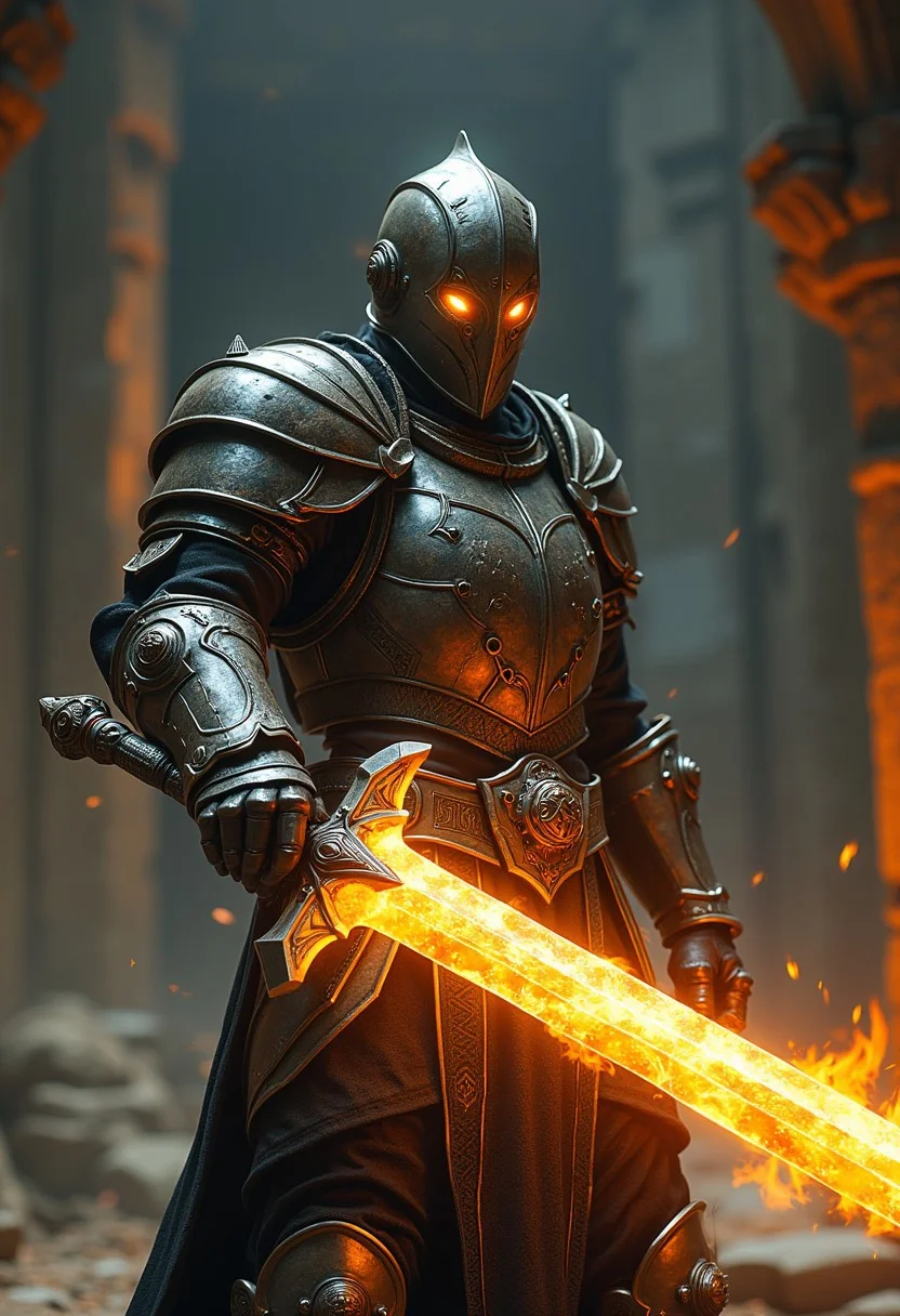 (A cinematic shot of a 'warforged' (eberron warforged), sapient suit of armor, behind the helmet slits are glowing eyes, detailed features, holding a glowing sword by the handle in attacking pose, fire around the sword blade, best quality, amazing details, ancient temple in background:1.2), hkwarrior, mythp0rt
