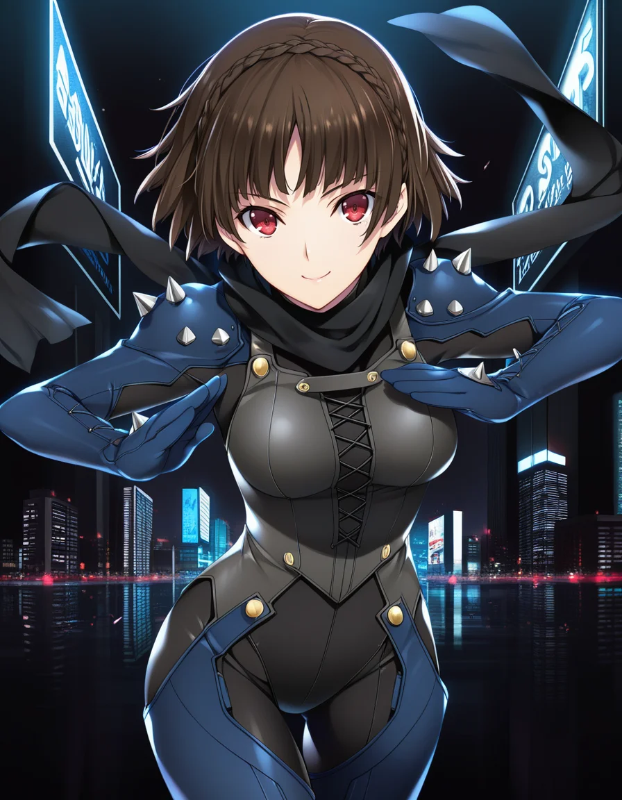 (Iizuki Tasuku), <lora:1_illu_iisuki_tasuku_10e:1>, 1girl, Niijima Makoto, Persona 5, cowboy shot, brown hair, red eyes, crown braid, blue bodysuit, scarf, shoulder spikes, smile, closed mouth, short hair, small breasts, fighting stance, Tokyo, red and black background, city, (masterpiece, best quality, amazing quality),