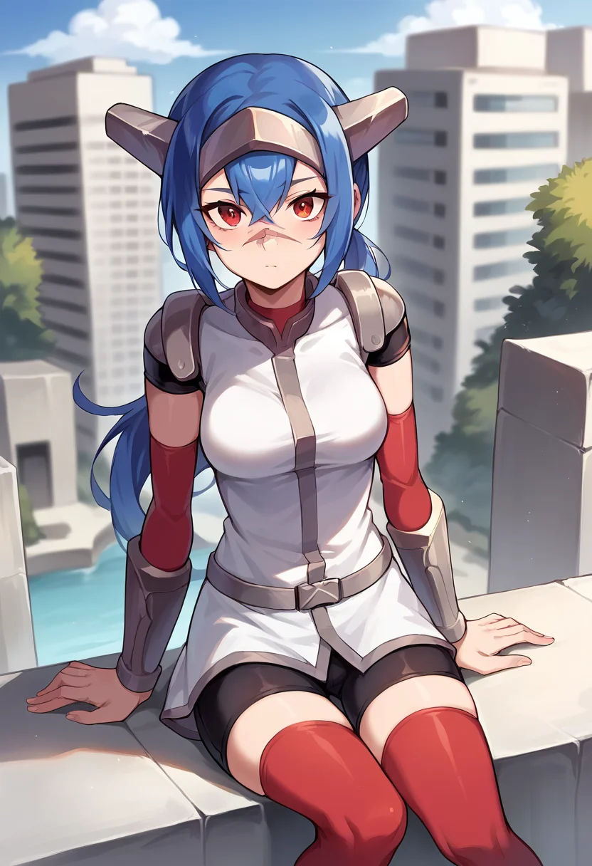 score_9, score_8_up, score_7_up, masterpiece, source_cartoon, 1girl, ctianle4, blue hair, medium breasts, scar on nose, short dress, shoulder pads, vambraces, detached sleeves, red thighhighs, bike shorts, outdoors, city, depth of field, sitting, looking at viewer, portrait, close-up, <lora:Lea_crosscode_pony_ct:0.9>