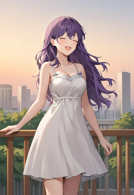 asahina_mafuyu, purple hair, long hair, loose hair,straight hair, closed eyes,medium breasts, sundress
BREAK
outdoors, sunset, city background
BREAK
cowboy shot, standing, open mouth, happy face, smile
BREAK
best quality, masterpiece,score_9, score_8_up, score_7_up, perfect hand, , source_anime, zPDXL, <lora:Asahina_Mafuyu_r2:0.8>